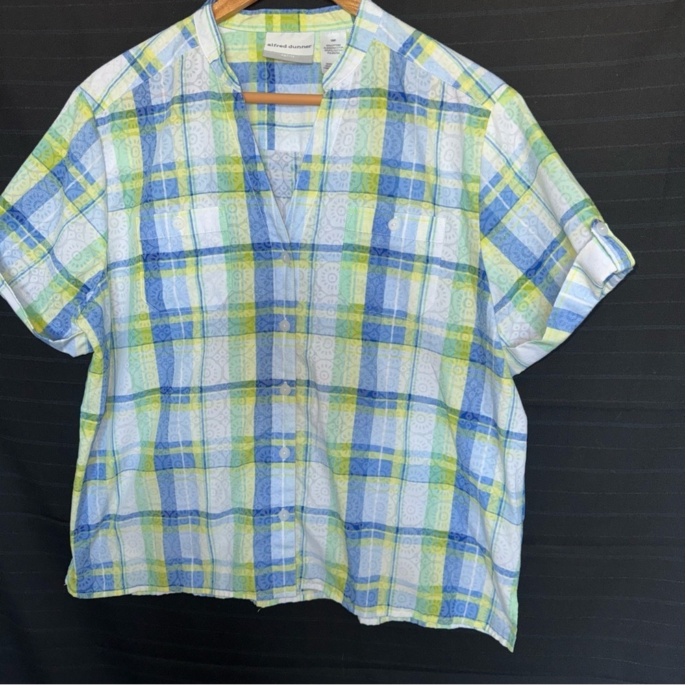 Alfred Dunner Top Womens 16P Blue Floral Plaid Short Sleeve Button Up - Picture 2 of 8